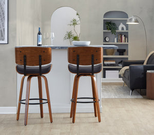 English Elm Fixed-height Swivel Barstools Walnut Back Espresso Seat Mid-century Kitchen Pair B202S01926