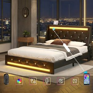 English Elm Queen Platform Bed Wingback Diamond Quilted Headboard Led Lighting Storage Drawers Black W5722P462392