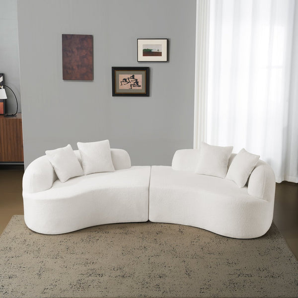 English Elm Curved Four-Seater Teddy Velvet Sofa with Full-Compression Sponge and Spring Support, No-Assembly, Compact White W3612S00001