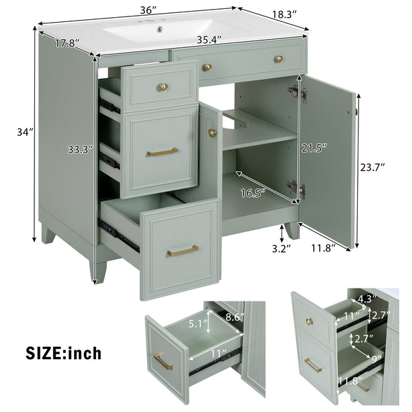 English Elm 36" Modern Bathroom Vanity with Ceramic Sink, Soft-Close Doors, Double-Layer Drawer & Storage Elegance Green N729P289163F