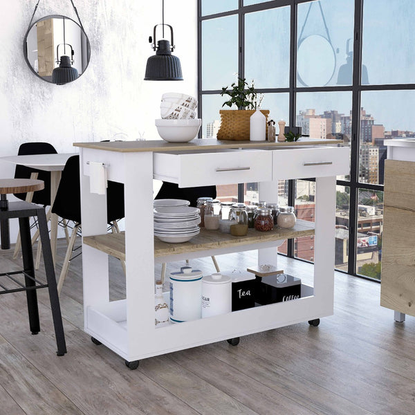 English Elm Brooklyn Rolling Kitchen Island with Two Drawers Open Shelves Rustic Farmhouse Style B128P148886