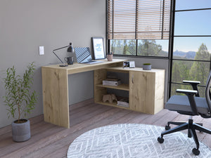 English Elm L-Shaped Desk with Right Return — Spacious 59" Work Surface, Cabinet + Shelves for Office Storage Beige 34.25 L x 23.62 W x 4.72 H B097S00169
