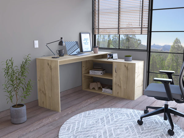 English Elm L-Shaped Desk with Right Return — Spacious 59" Work Surface, Cabinet + Shelves for Office Storage Beige 34.25 L x 23.62 W x 4.72 H B097S00169