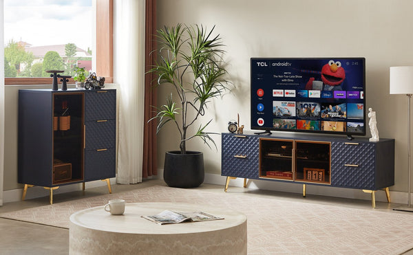 English Elm Deluxe Modern Carved Chest of Drawers with Tempered Glass Doors, 3 Drawers + 2 Compartments, Sleek Metal Legs Dark Blue W1162P295365