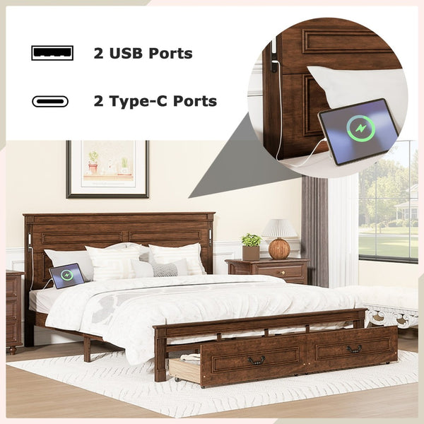 English Elm King Pine Wood Storage Bed with Led Lighting Usb Charging Tall Panel Headboard Walnut W504S00270