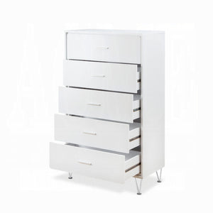 English Elm White 5-Drawer Chest For Modern Storage | Crisp Finish, Polished Chrome Legs & Effortless Access B062P209028-GIGA