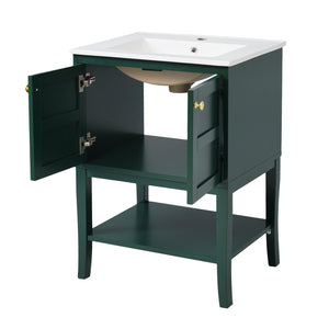 English Elm 24'' Retro Green Bathroom Vanity with Glossy Resin Basin, Solid Wood Feet, Soft-Close Doors, Ample Storage, Metal Handles (Modern) WF324870AAF