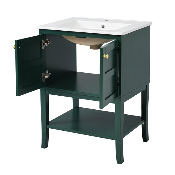 English Elm 24'' Retro Green Bathroom Vanity with Glossy Resin Basin, Solid Wood Feet, Soft-Close Doors, Ample Storage, Metal Handles (Modern) WF324870AAF