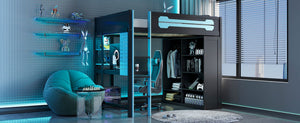 English Elm Full Size Gaming Loft Bed with Rgb Lighting Integrated Desk and Open Wardrobe Blue N820S00073C