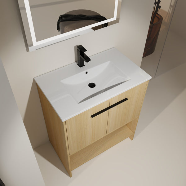 English Elm 30" Bathroom Vanity With Integrated Ceramic Sink, Soft-Close Doors & Open Shelf For Easy Storage W1972S00017