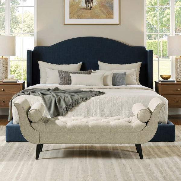 English Elm Jennifer Taylor Home - Alma Tufted Flared Arm Entryway Bench Taupe Polyester with Bolster Pillows, 64.5" Length, Espresso Legs B2719P364405