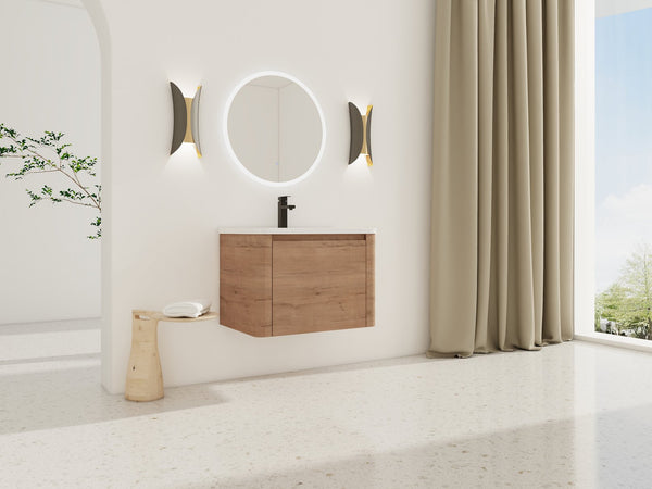 English Elm 28'' Wall-Mounted Bathroom Vanity with Ceramic Sink, Soft-Close Door, Plywood Durability & Space-Saving Design Imitative Oak W999P317929