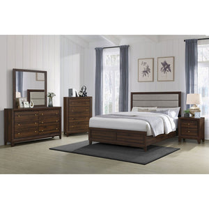 English Elm Anza Queen Bedroom Set with Taupe Upholstered Headboard and Walnut Finish Storage B062S01691