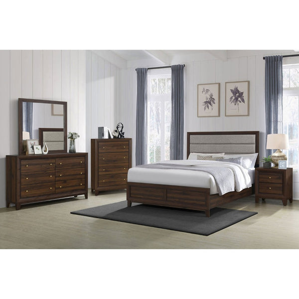 English Elm Anza Queen Bedroom Set with Taupe Upholstered Headboard and Walnut Finish Storage B062S01691