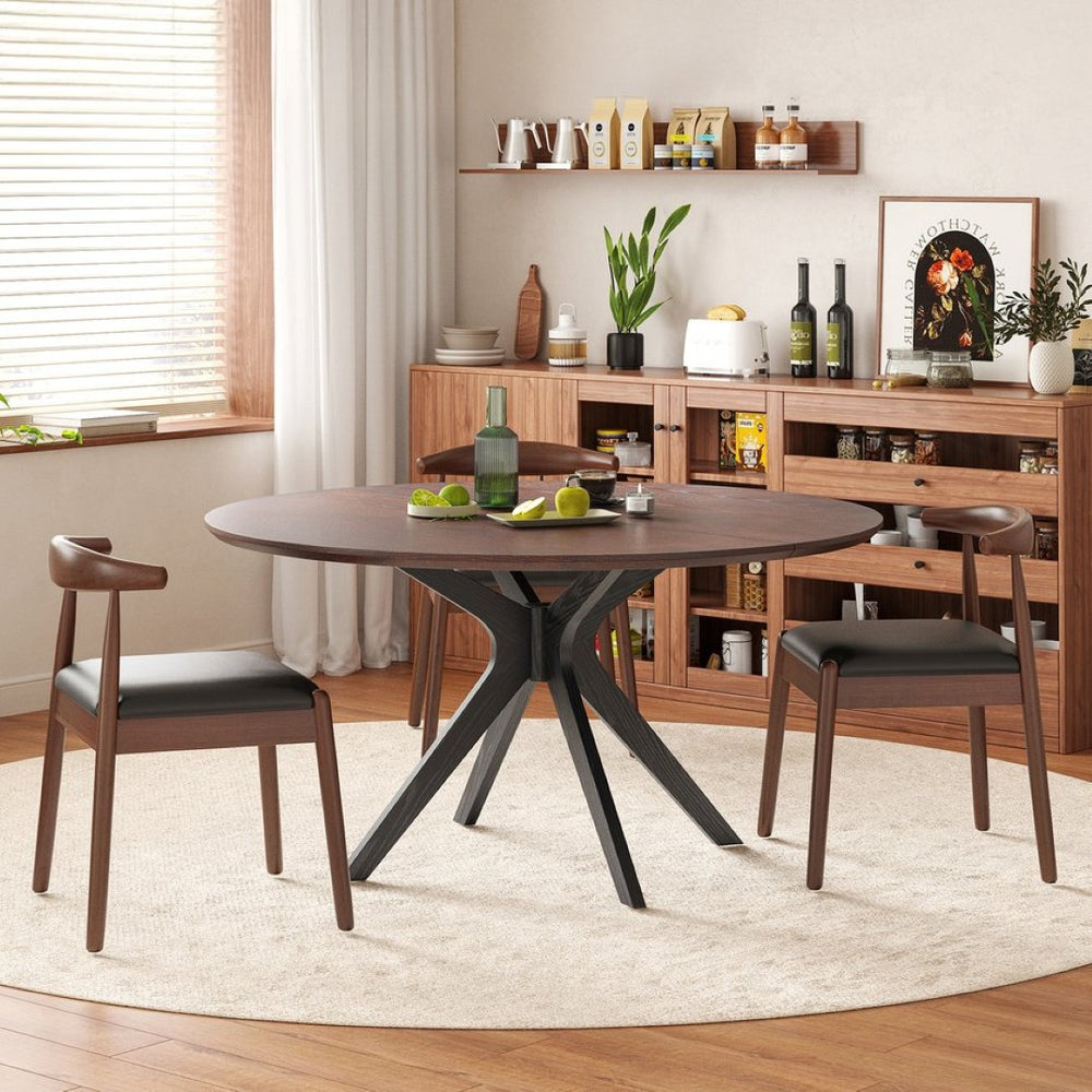 English Elm 47" Round Wood Dining Table Seats Six with Industrial Metal Base for Modern Homes Black + Dark Walnut T3623P437343