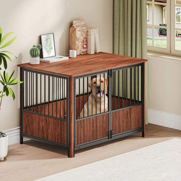 English Elm 43'' Walnut Fluted Wood Dog Crate Doubles as End Table for Medium and Large Pets W1820P336034