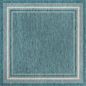 Unique Loom Outdoor Border Soft Border Machine Made Border Rug Teal, Ivory/Gray 7' 10" x 7' 10"