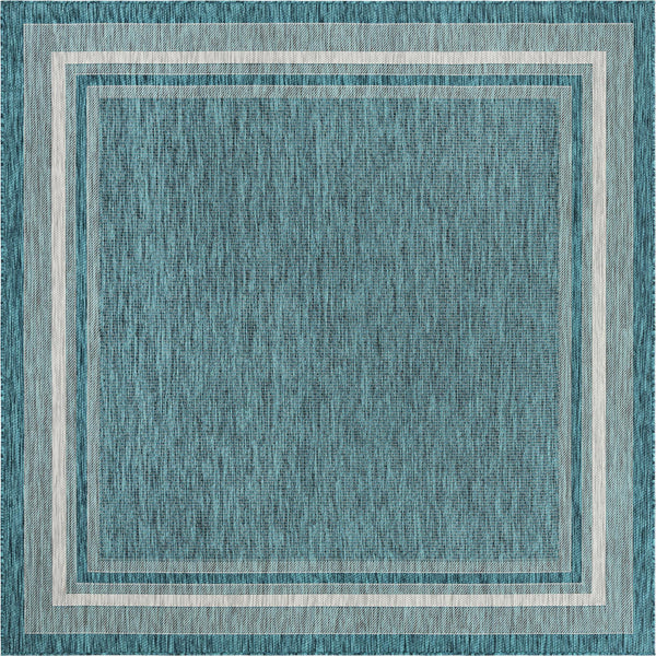 Unique Loom Outdoor Border Soft Border Machine Made Border Rug Teal, Ivory/Gray 7' 10" x 7' 10"