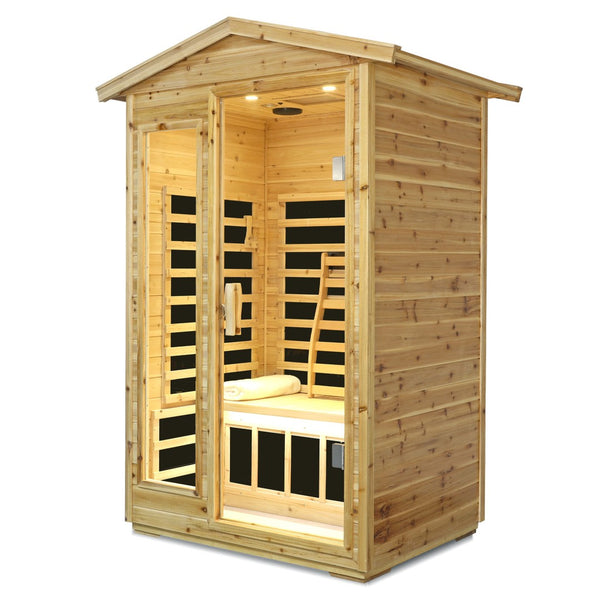 English Elm Two Person Far Infrared Outdoor Sauna Fir Wood Cabin with Bluetooth and Lcd Control W632S00031