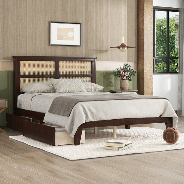 English Elm Full Full Size Bed with Rattan Headboard and Two Underbed Storage Drawers, Rubberwood Slat Support Espresso W504P269605
