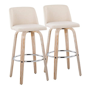 English Elm 30" Swivel Barstools Whitewashed Bentwood Cream Upholstery Chrome Footrest Set of 2 B202S00680