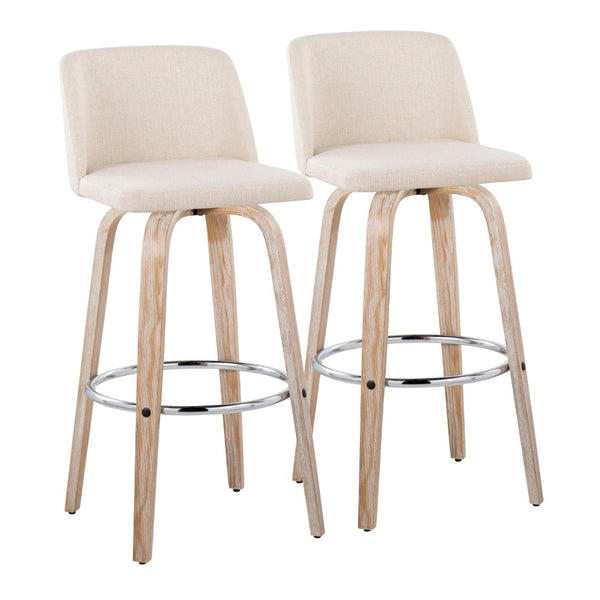 English Elm 30" Swivel Barstools Whitewashed Bentwood Cream Upholstery Chrome Footrest Set of 2 B202S00680