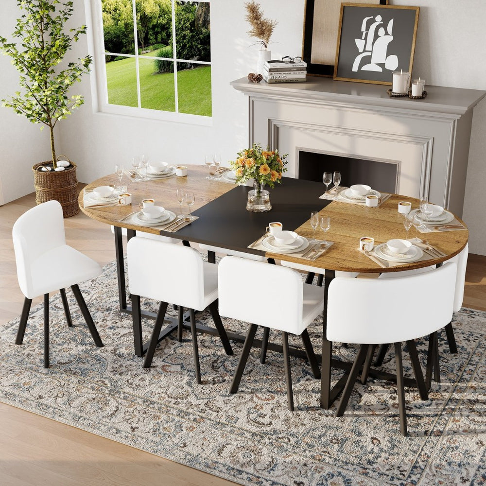 English Elm 9-piece Oval Dining Set Two-tone Wood Triamine Table with Pu Leather Chairs Seats 8 W3875S00153