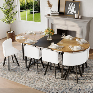 English Elm 9-piece Oval Dining Set Two-tone Wood Triamine Table with Pu Leather Chairs Seats 8 W3875S00153