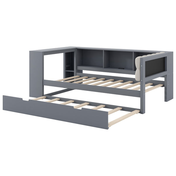 English Elm Wood Twin Platform Bed Linen Headboard Storage Shelves Trundle Charging Station Gray N709P004023E
