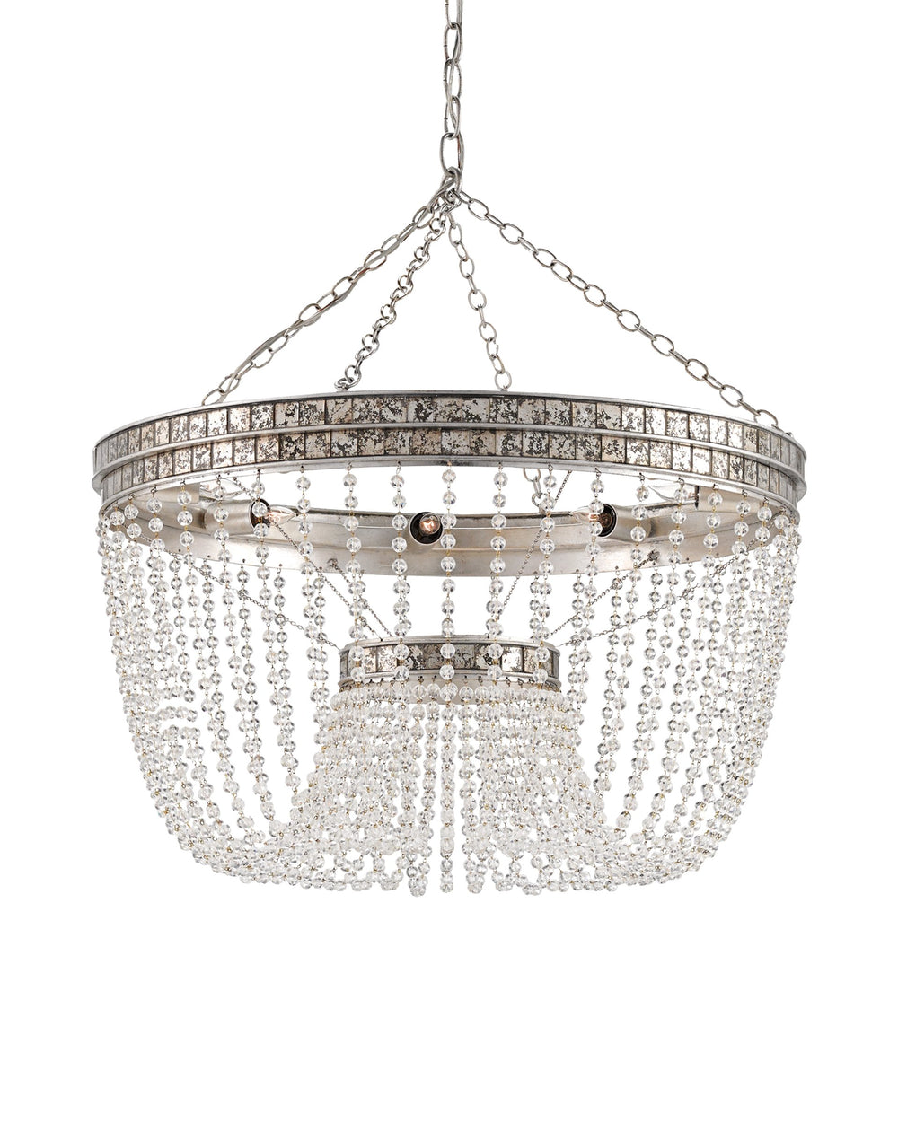 Currey & Company Highbrow Crystal Bead Chandelier Wrought Iron Glam Bowl Silhouette Silver Leaf Finish 9685