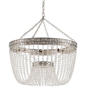 Currey & Company Highbrow Crystal Bead Chandelier Wrought Iron Glam Bowl Silhouette Silver Leaf Finish 9685