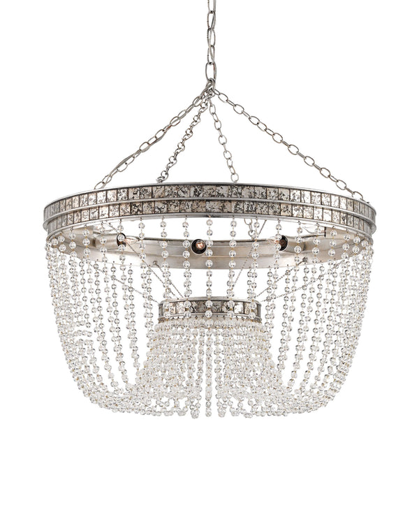 Currey & Company Highbrow Crystal Bead Chandelier Wrought Iron Glam Bowl Silhouette Silver Leaf Finish 9685