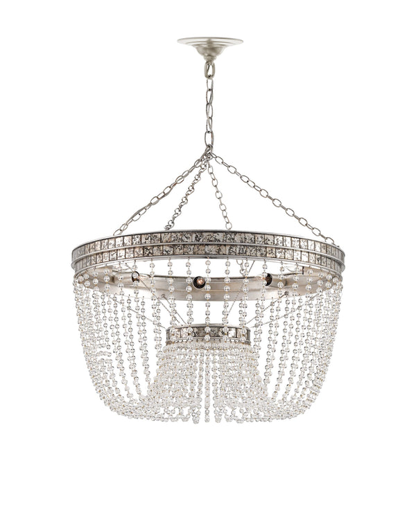 Currey & Company Highbrow Crystal Bead Chandelier Wrought Iron Glam Bowl Silhouette Silver Leaf Finish 9685