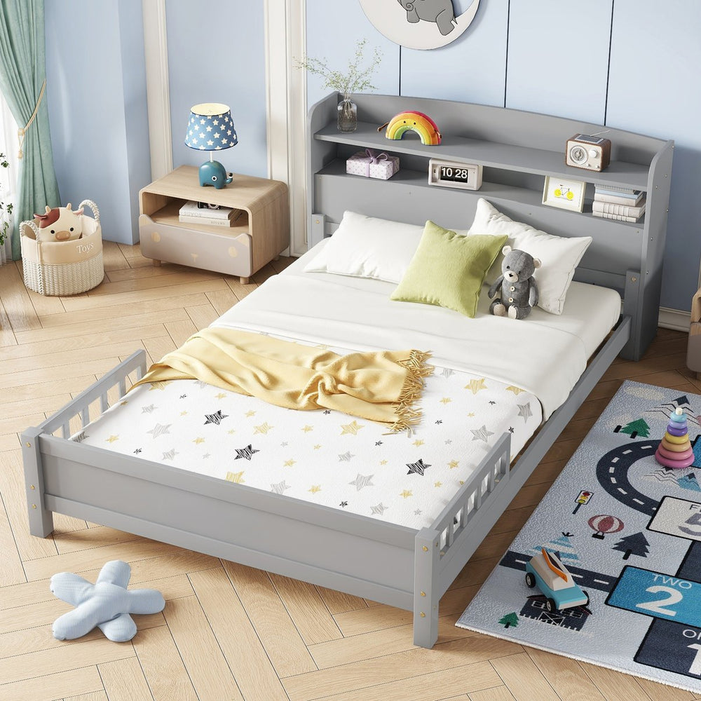 English Elm Full Pine Wood Bed with Bookcase Headboard and LED Motion Sensor Light, Guardrails & Storage Space Grey W504P277598