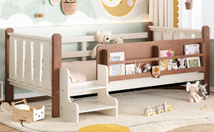 English Elm Twin Pine Floor Bed for Kids with Side Bookcases Built-in Stairs and Safety Guardrails Beige W1580P390214