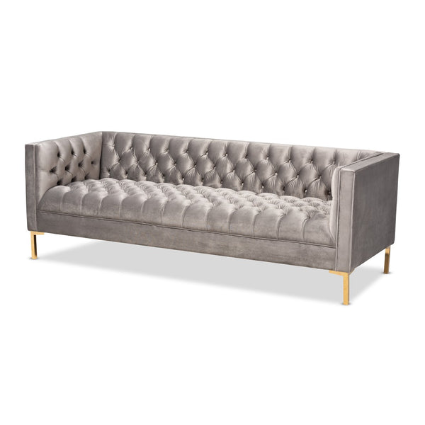 Baxton Studio Baxton Zanetta Glam Gray Velvet Sofa with Gold Legs – Elegant Design & Comfort for Any Space TSF-7723-Grey/Gold-SF