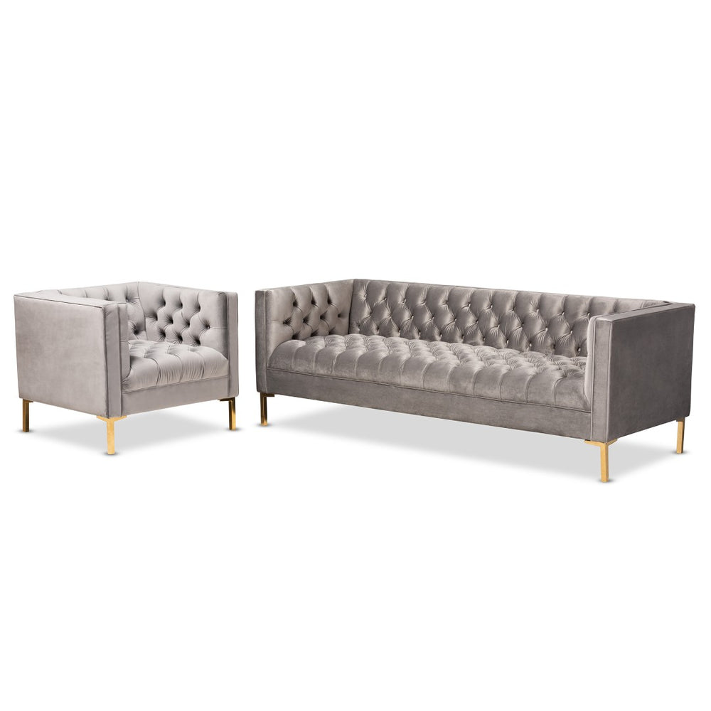 Baxton Studio Baxton Glamorous Gray Velvet 2-Piece Sofa & Lounge Chair Set with Gold Legs for Luxe Living Spaces TSF-7723-Grey/Gold-2PC Set