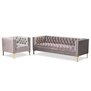 Baxton Studio Baxton Glamorous Gray Velvet 2-Piece Sofa & Lounge Chair Set with Gold Legs for Luxe Living Spaces TSF-7723-Grey/Gold-2PC Set