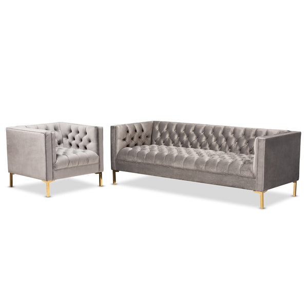Baxton Studio Baxton Glamorous Gray Velvet 2-Piece Sofa & Lounge Chair Set with Gold Legs for Luxe Living Spaces TSF-7723-Grey/Gold-2PC Set