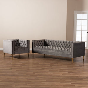 Baxton Studio Baxton Glamorous Gray Velvet 2-Piece Sofa & Lounge Chair Set with Gold Legs for Luxe Living Spaces TSF-7723-Grey/Gold-2PC Set