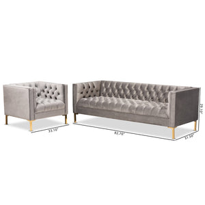 Baxton Studio Baxton Glamorous Gray Velvet 2-Piece Sofa & Lounge Chair Set with Gold Legs for Luxe Living Spaces TSF-7723-Grey/Gold-2PC Set