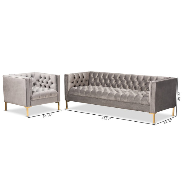 Baxton Studio Baxton Glamorous Gray Velvet 2-Piece Sofa & Lounge Chair Set with Gold Legs for Luxe Living Spaces TSF-7723-Grey/Gold-2PC Set
