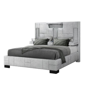English Elm YARIS Modern King Bed with Upholstered Bryson Fabric, Fold-Down Arms, LED Lights, Speakers, Wireless Charging Gray 93.23 L x 13.19 W x 11.18 H B201S00112