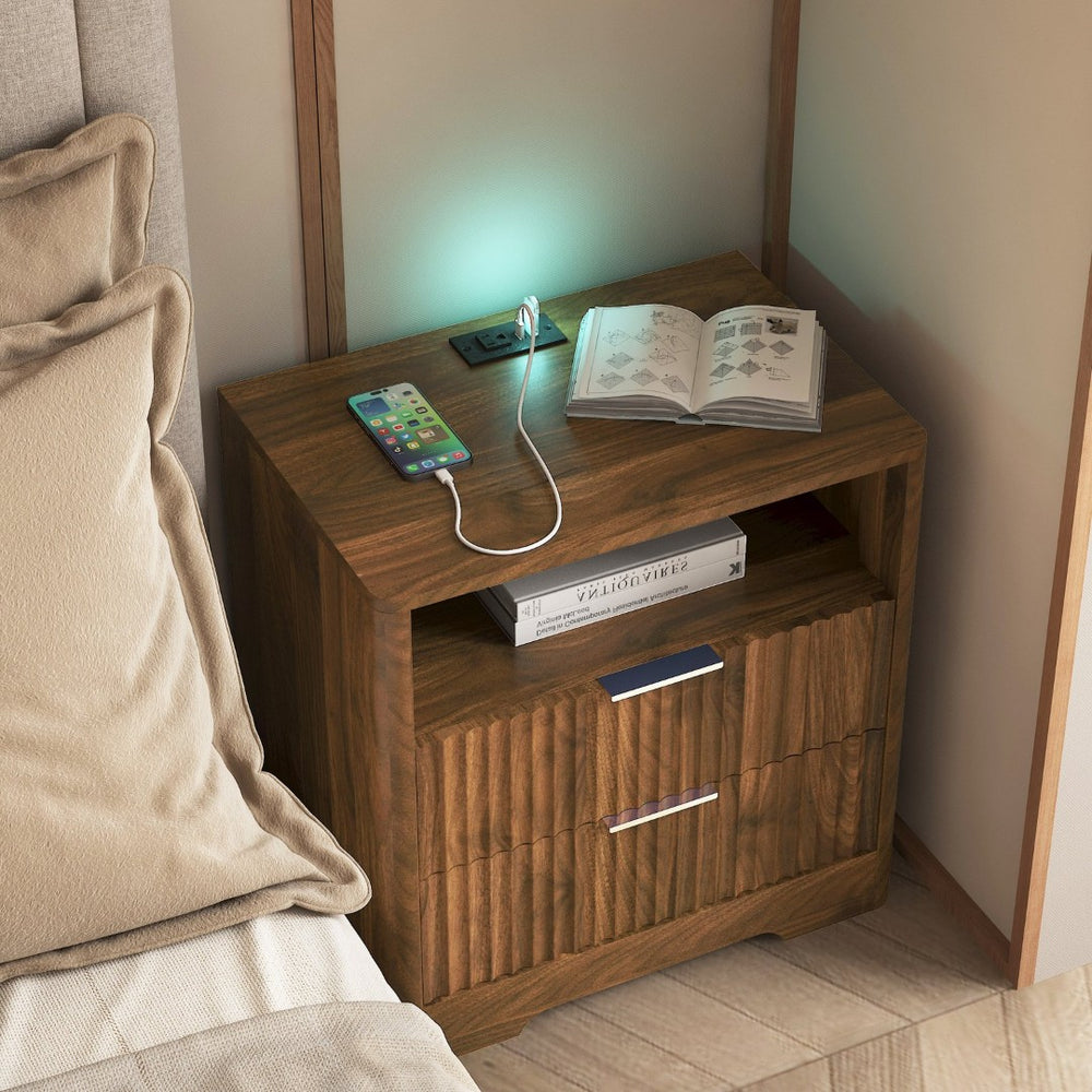 English Elm Nightstand Wood Cabinet with Usb Charging Ports Voice Light and Bedroom Storage W1321P399416