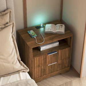 English Elm Nightstand Wood Cabinet with Usb Charging Ports Voice Light and Bedroom Storage W1321P399416