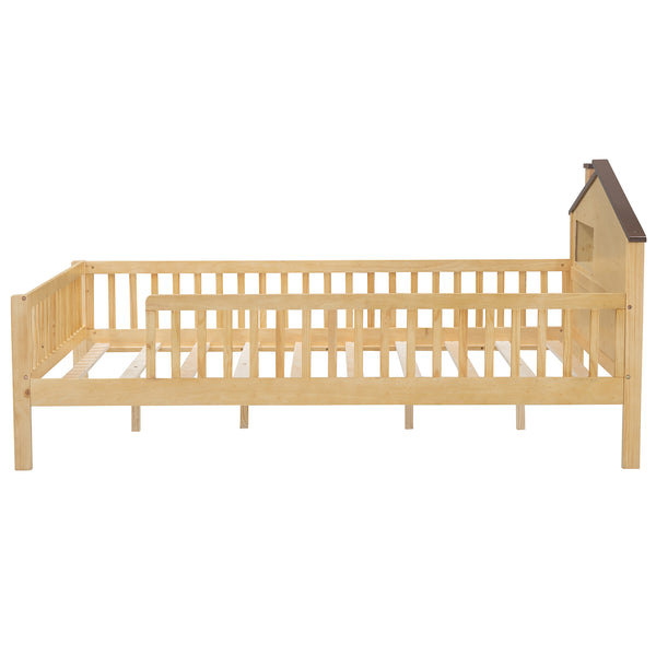 English Elm Full Full Size Wood Platform Bed with House Headboard, LED Lights & Built-In Storage, Natural Finish N709P184430M