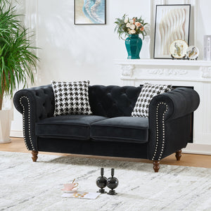 English Elm 67"Chesterfield Velvet 2-Seater Sofa with Nailhead Trim, Roll Arms, Hardwood Frame, Luxurious Comfort Black W3373S00011
