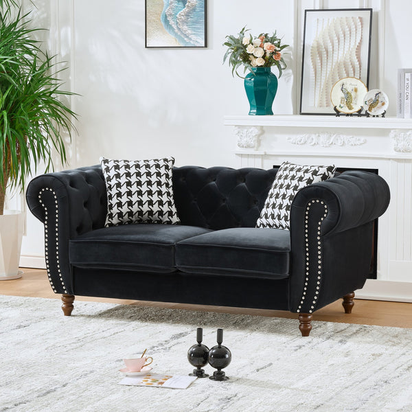 English Elm 67"Chesterfield Velvet 2-Seater Sofa with Nailhead Trim, Roll Arms, Hardwood Frame, Luxurious Comfort Black W3373S00011