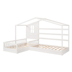 English Elm Wood House Twin L-shaped Kids Bed Solid Pine Playhouse Frame with Slatted Support LP001345AAK