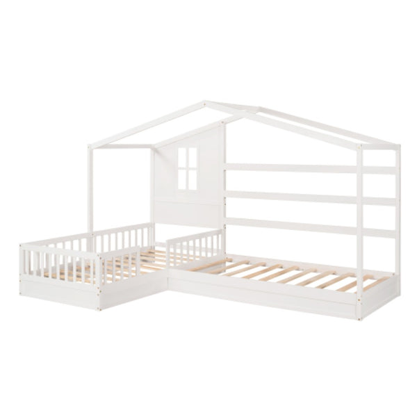 English Elm Wood House Twin L-shaped Kids Bed Solid Pine Playhouse Frame with Slatted Support LP001345AAK